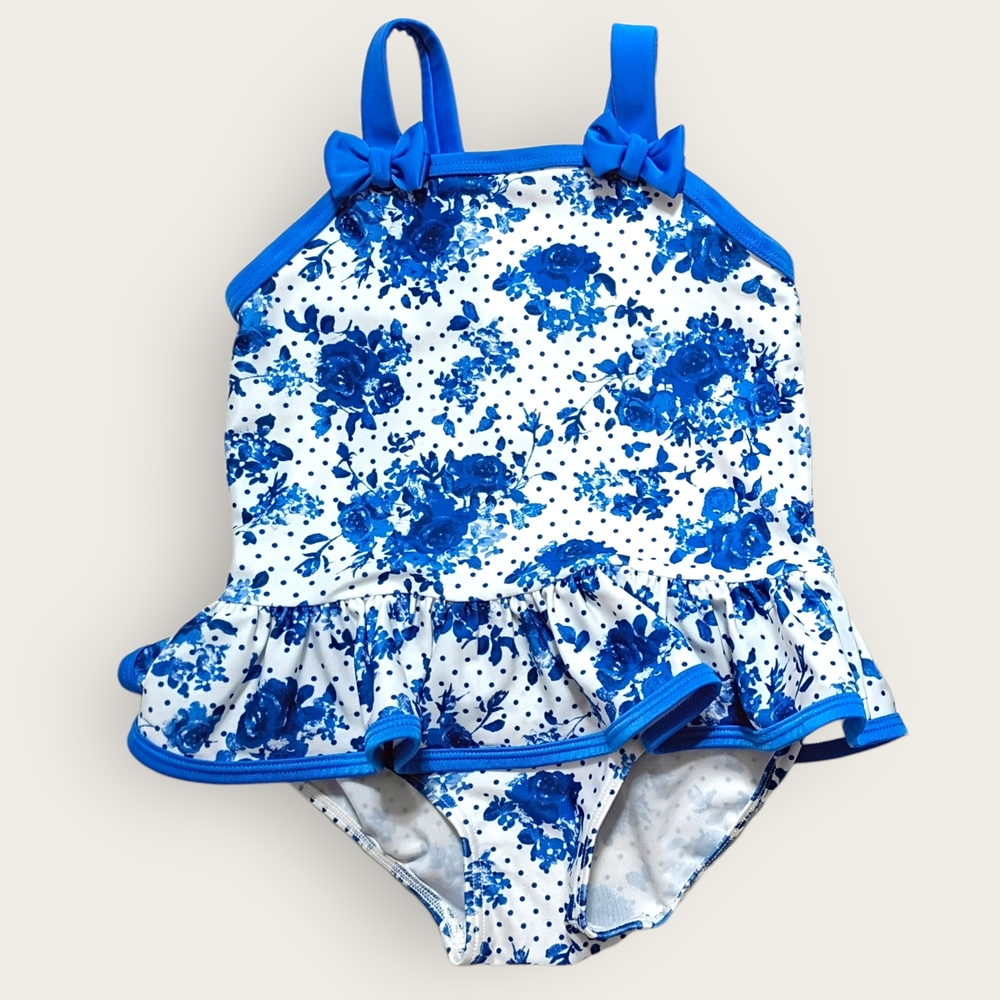 Girls Blue Floral Ruffle One-Piece Swimsuit
